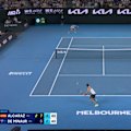 Carlos Alcaraz hits a brilliant backhand to continue his dominance.
