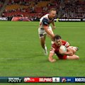 Dolphins star Herbie Farnworth crosses in the corner against the Roosters.