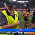 Jarome Luai leaves the field after he was caught awkwardly in a tackle.