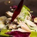 Masterstock poached chicken salad with eggplant cream.