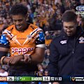 Jahream Bula holds his wrist while leaving Leichhardt Oval.