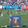 Raiders star Ethan Strange puts a move on Penrith and throws a basketball-style pass to Seb Kris.