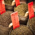 Dry green tea leaves at Nanfang tea market Guangzhou, Guangdong, China. 