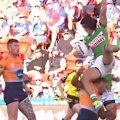 Greg Marzhew is placed on report after tackling Canberra fullback Kaeo Weekes in the air.