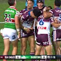 Lehi Hopoate stumbles over the line after South Sydney's mistake.