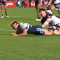 Reuben Cotter crashes over the line to make it 18-18 in front of a rival Manly crowd. 