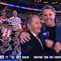 Nick Politis speaks to Nine's Brad Fittler after the Roosters won the NRL and NRLW titles.