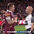 Maroons captain Cameron Munster gets into a half-time discussion with referee Ashley Klein at half time of the Origin decider.