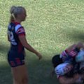 Aliyah Nasio is sent to the sin bin for a hip drop tackle on Alisha Foord.