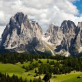 Alpe di Siusi - which at about 1800 metres is Europe's largest high plateau - looking across to two rocky peaks, Sasso Lungo and Sasso Piatto. 