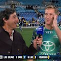 Jaxon Purdue speaks to Nine's Johnathan Thurston after being sin binned in North Queensland's win over the Titans.