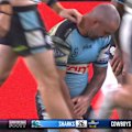 Sharks star Braydon Trindall forces an error with a tackle in the final minute.