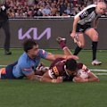 Selwyn Cobbo catches it and falls over the line to score early for Queensland for the Maroons to lead intp the second half. 