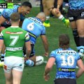 Sharks playmaker Braydon Trindall dislocates his shoulder while scoring a try against the Raiders.