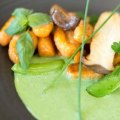 Sweet potato gnocchi with mushrooms, sugar-snap peas and chive cream at Vege Rama.