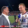 Manly skipper Tom Trbojevic speaks to Nine after his side's win against the Dolphins.