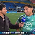 Jason Taumalolo speaks to former teammate Johnathan Thurston after North Queensland's round 23 win
