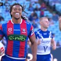 Dom Young pinches the ball away from the Bulldogs to run the length of the field and score a try.