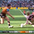 Panthers winger Tom Jenkins scores a freakish try in the corner against the Wests Tigers.