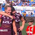The Brisbane Broncos celebrate downing rivals the Gold Coast Titans at their home ground, setting up a grand final rematch with the Sydney Roosters. 