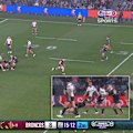 Lindsay Smith is forced off against the Broncos after copping a stray boot to the face.