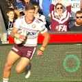 Reuben Garrick is the first to crash over the line for the Manly Sea Eagles, in his final game for the side. 