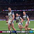 Cowboys back-rower Heilum Luki scores the match-winning try against the Broncos. 