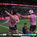 Panthers centre Casey McLean plants the ball down despite nearly being tackled out by Eels rival Will Penisini.