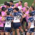 Panthers prop Moses Leota is belted from the first play of the game and knocks it on, before Cowboys winger Murray Taulagi scores a try.