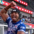 Brian To'o smashes a French player and Stephen Crichton picks up the loose ball to score.