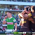 Nathan Cleary sets up his Panthers halves partner Blaize Talagi for a try against Canberra.