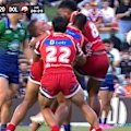Dolphins prop Francis Molo is sin binned for a high tackle on Warriors forward Jackson Ford.