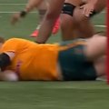 Prop Brianna Hoy crashes over for a Wallaroos try in the win over Scotland.