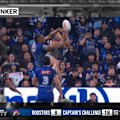 Jethro Rinakama knocks it on in the air, but the Bulldogs challenge it anyway.