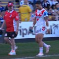 Dragons star Valentine Holmes limps off the field in the second half of his side's clash with Parramatta.