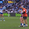 Harry Hayes walks off the field clutching at his hip early in the Bulldogs' clash against the Eels.