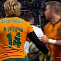 Max Jorgensen catches the 14-man Pumas short out wide as the Wallabies lead grows.