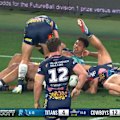 Cowboys back-rower Heilum Luki scores a powerful solo try against the Titans.