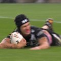 Kalyn Ponga breaks through and steps Reece Walsh cold to score a crucial New Zealand try.