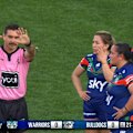 Warriors prop Mya Hill-Moana is sin binned for an ugly hip-drop tackle on Bulldogs halfback Tayla Preston.