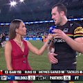 Panthers captain Isaah Yeo speaks to Nine's Marlee Silva after a round six loss against the Bulldogs.
