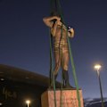 The statue of disgraced AFL star Nicky Winmar was removed from outside Optus Stadium before dawn, after he was found guilty of assaulting a woman.