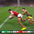 Selwyn Cobbo scores a try for the Dolphins against the Rabbitohs in Magic Round.