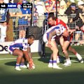 Greg Marzhew scores his second try against the Dragons, who are caught napping close to the line.