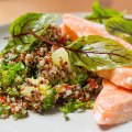 Poached ocean trout with quinoa, kale, goji berry and broccoli salad.