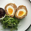 SYDNEY, AUSTRALIA - MAY 05:  Scotch Egg with house made ketchup at Hunter Gatherer on May 5, 2016 in Sydney, Australia.  (Photo by Christopher Pearce/Fairfax Media)