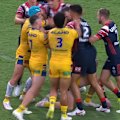 Eels forward Jack Williams earns the ire of the referee and the Roosters players for a high shot on Tommy Talau.