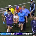 Michael Gabrael heads to the sin bin as Storm winger Siulagi Tuimalatu-Brown is stretchered off.