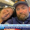 Die-hard Dockers fans Matt Abbott and Danny Bloomfield have travelled from Karratha to get married outside the MCG ahead of the grand final.