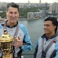 Joseph Suaalii stands alongside Wallabies legend John Eales at the top of the Sydney Harbour Bridge ahead of the World Cup draw.